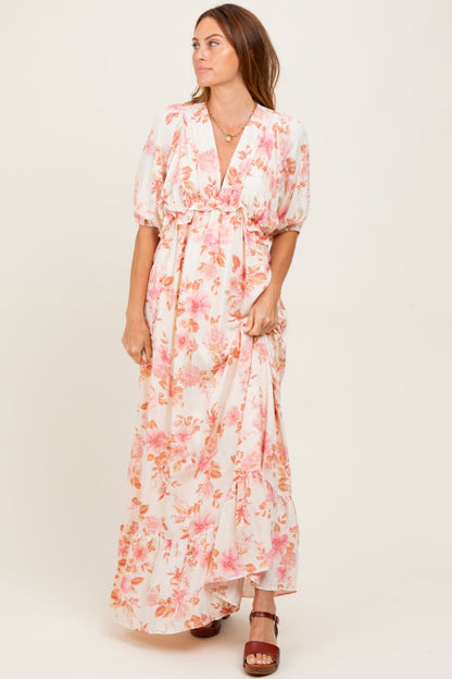 Pink Floral Printed Elbow Sleeve V-Neck Tiered Maternity Maxi Dress