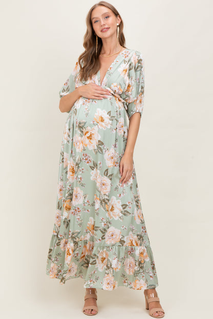 Sage Floral Print Elbow Sleeve V-Neck Tiered Maternity Maxi Dress