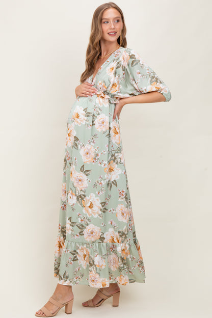 Sage Floral Print Elbow Sleeve V-Neck Tiered Maternity Maxi Dress