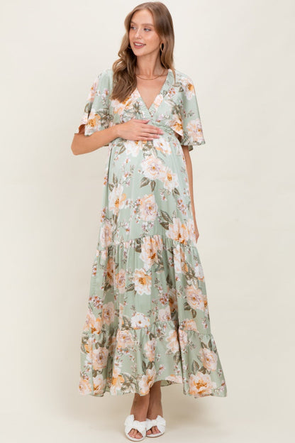 Sage Floral Print Elbow Sleeve V-Neck Tiered Maternity Maxi Dress