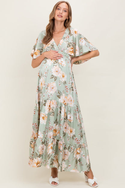 Sage Floral Print Elbow Sleeve V-Neck Tiered Maternity Maxi Dress