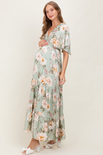 Sage Floral Print Elbow Sleeve V-Neck Tiered Maternity Maxi Dress
