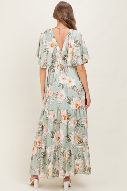 Sage Floral Print Elbow Sleeve V-Neck Tiered Maternity Maxi Dress