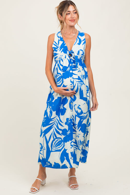 Blue Tropical Print Front Tie Sleeveless Button Up Maternity Dress