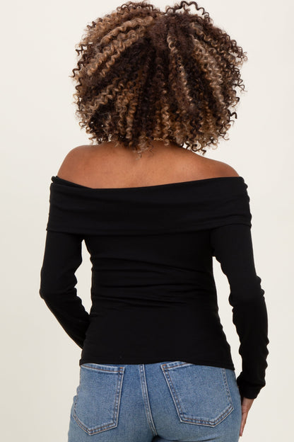 Black Off Shoulder Foldover Maternity Long Sleeve Top