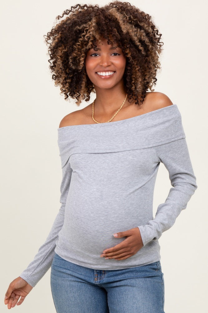 Heather Grey Off Shoulder Foldover Maternity Long Sleeve Top