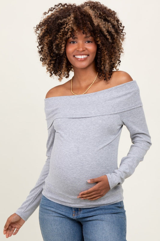 Heather Grey Off Shoulder Foldover Maternity Long Sleeve Top