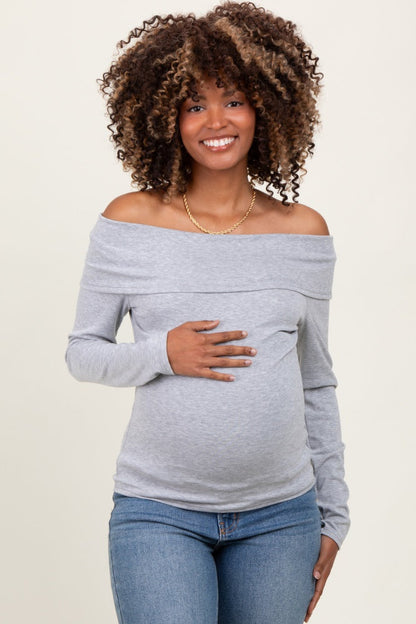 Heather Grey Off Shoulder Foldover Maternity Long Sleeve Top