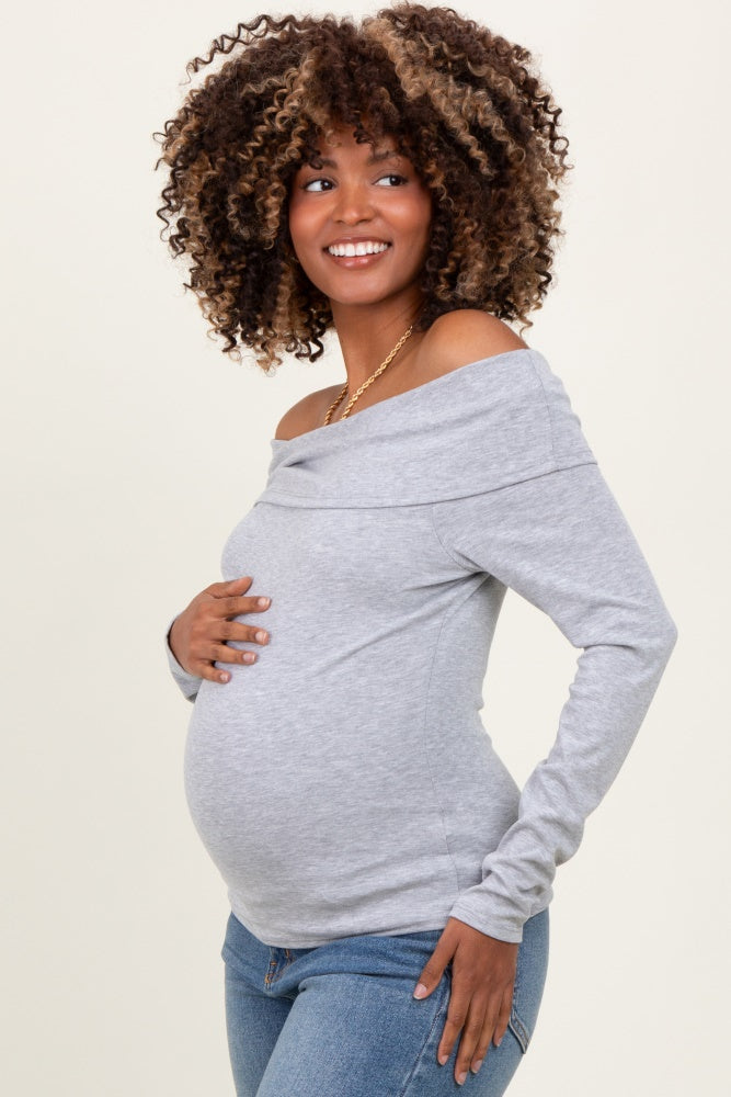 Heather Grey Off Shoulder Foldover Maternity Long Sleeve Top