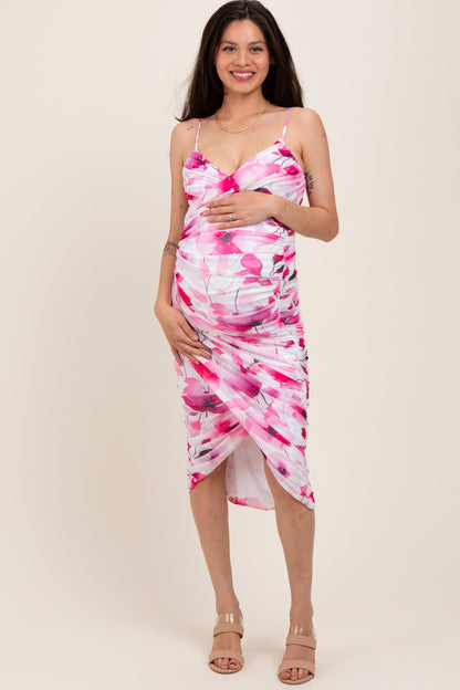 Pink Floral Ruched Tulip Hem Maternity Midi Dress