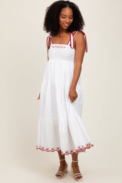 Ivory Embroidered Tiered Maternity Midi Dress