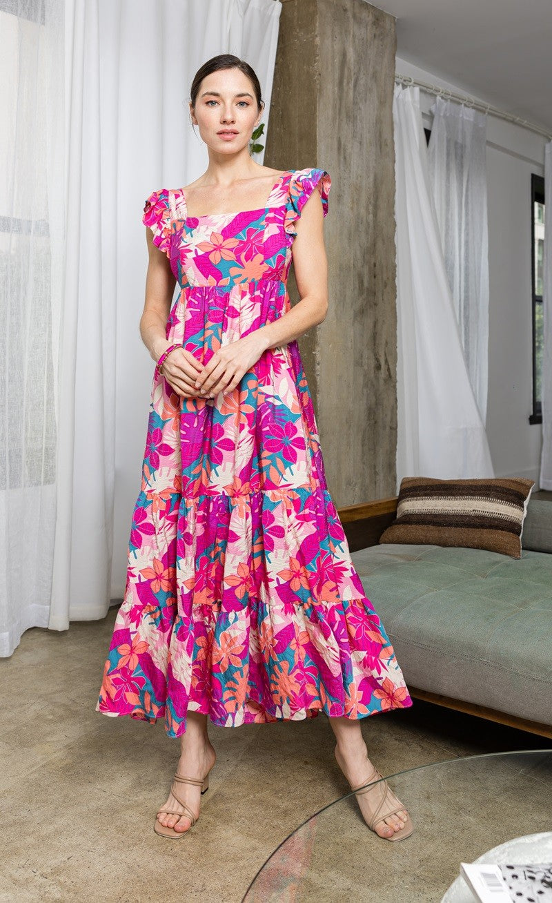 Magenta Tropical Floral Tiered Maternity Maxi Dress