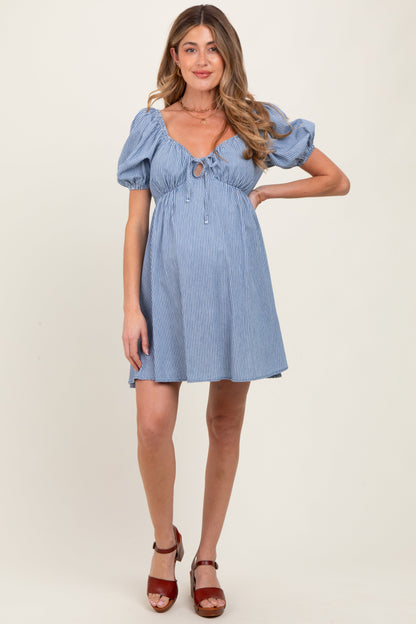 Blue Striped Chambray Front Tie Maternity Mini Dress
