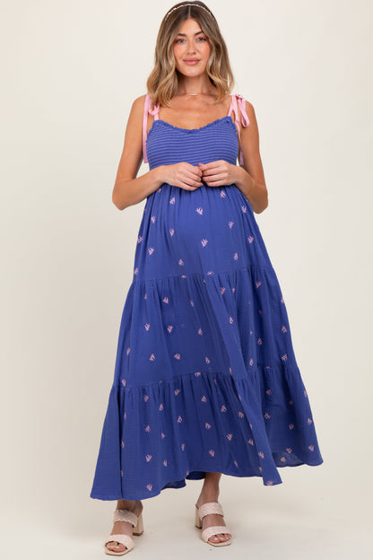 Royal Blue Embroidered Smocked Shoulder Tie Maternity Maxi Dress