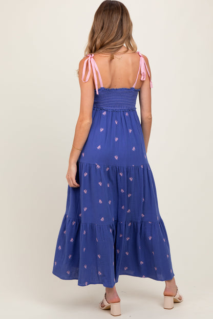 Royal Blue Embroidered Smocked Shoulder Tie Maternity Maxi Dress