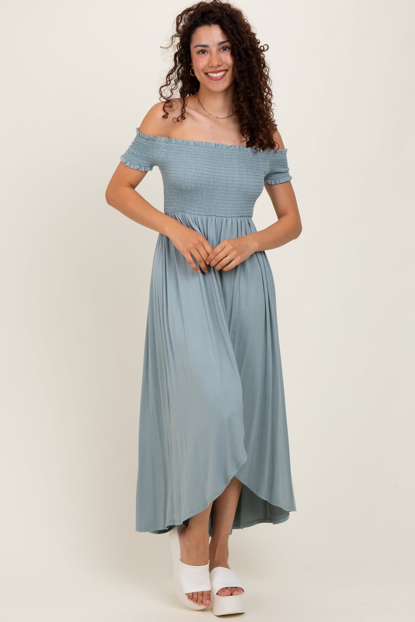 Light Olive Smocked Off The Shoulder Maternity Midi Dress