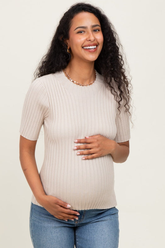 Cream Ribbed Mock Neck Knit Maternity Short Sleeve Top