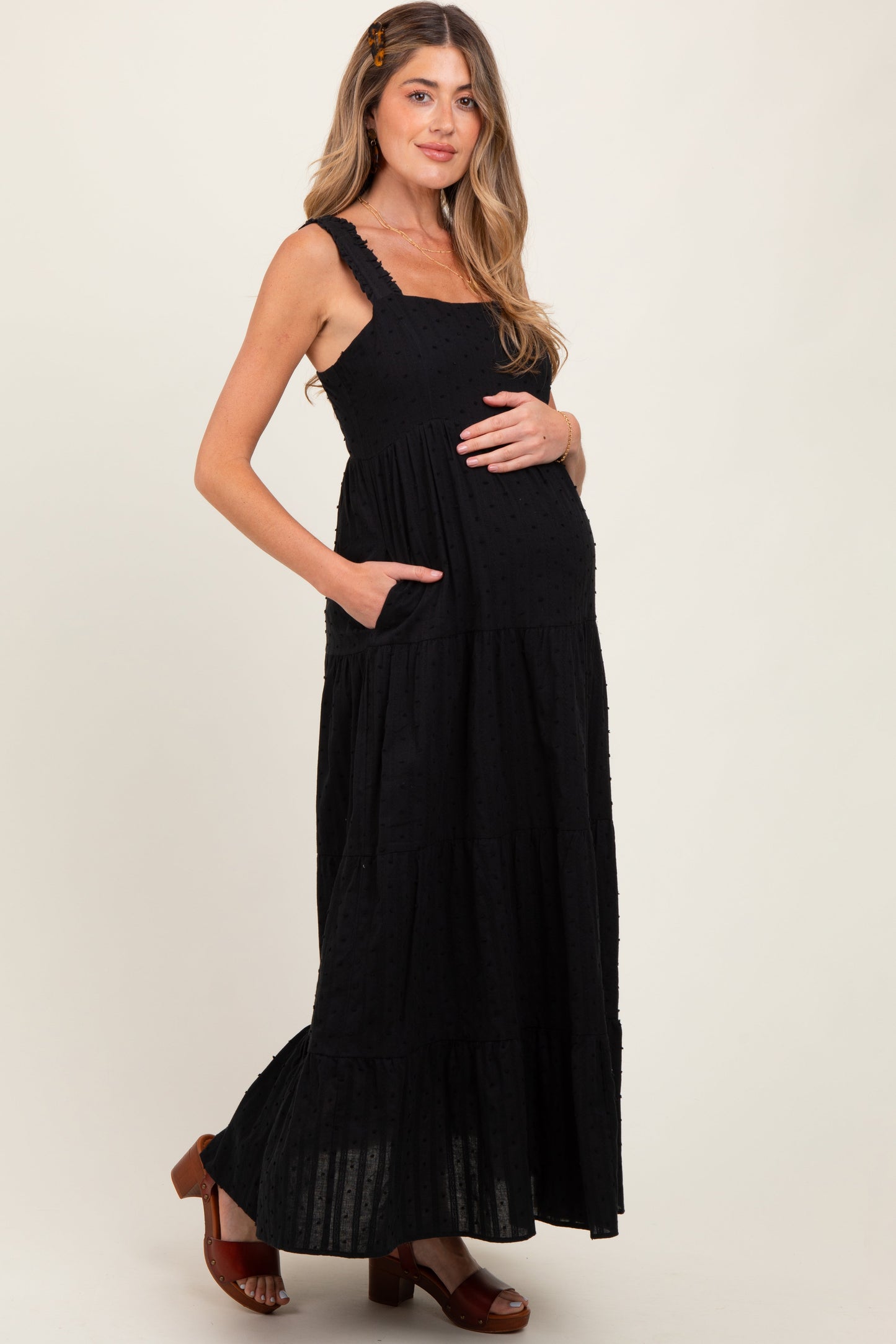 Black Swiss Dot Tiered Sleeveless Maternity Maxi Dress