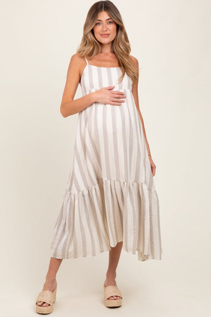 Beige Wide Stripe Linen Blend Sleeveless Maternity Maxi Dress