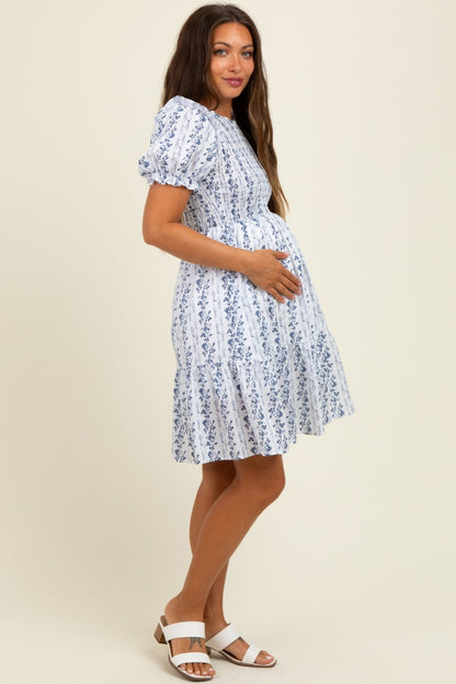 White Floral Smocked Ruffle Accent Maternity Dress