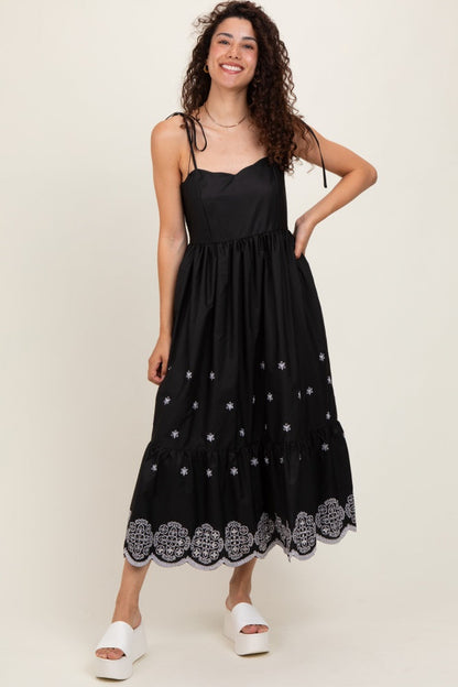 Black Embroidered Shoulder Tie Maternity Midi Dress