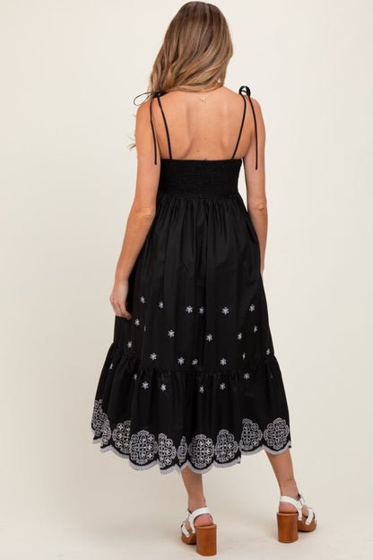 Black Embroidered Shoulder Tie Maternity Midi Dress
