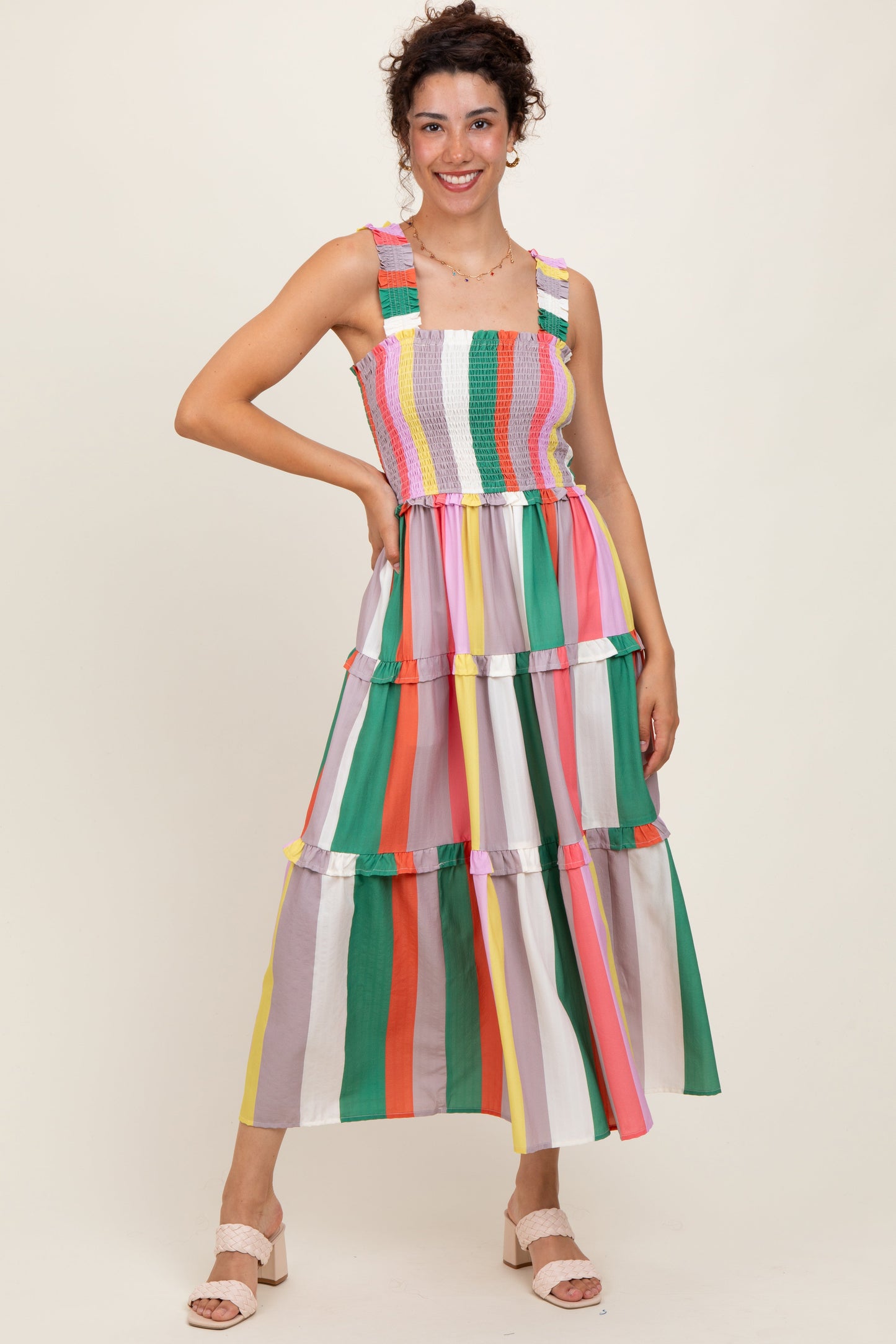 Green Wide Stripe Smocked Tiered Maternity Midi Dress