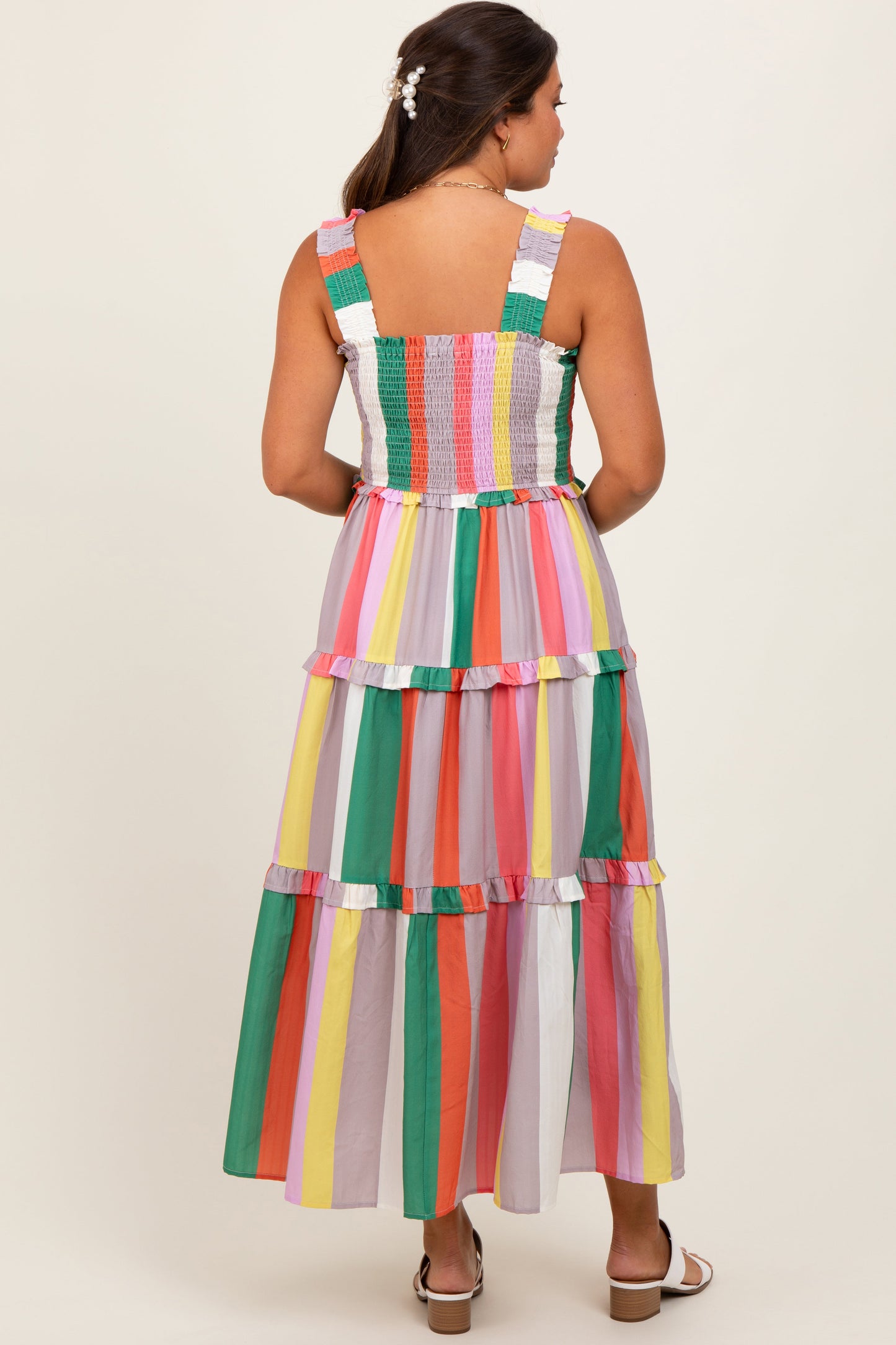 Green Wide Stripe Smocked Tiered Maternity Midi Dress