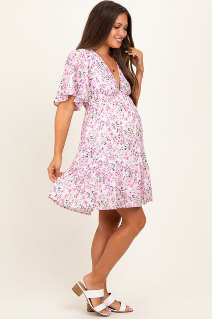 Pink Floral V-Neck Flutter Sleeve Maternity Mini Dress