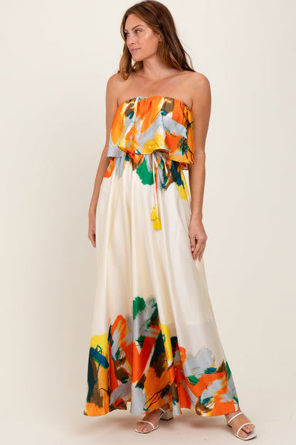 Orange Abstrast Print Strapless Flounce Maternity Maxi Dress