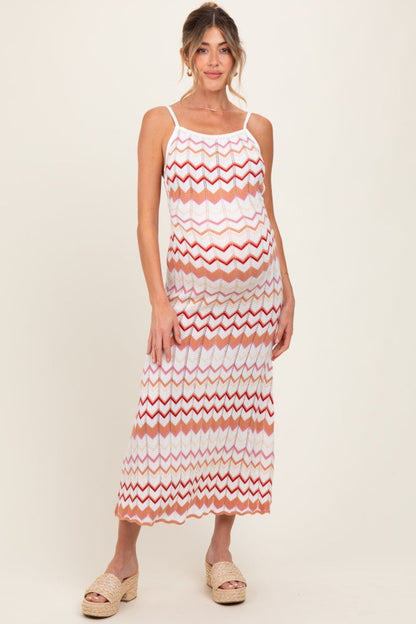 Salmon Pointelle Chevron Knit Open Back Maternity Midi Dress