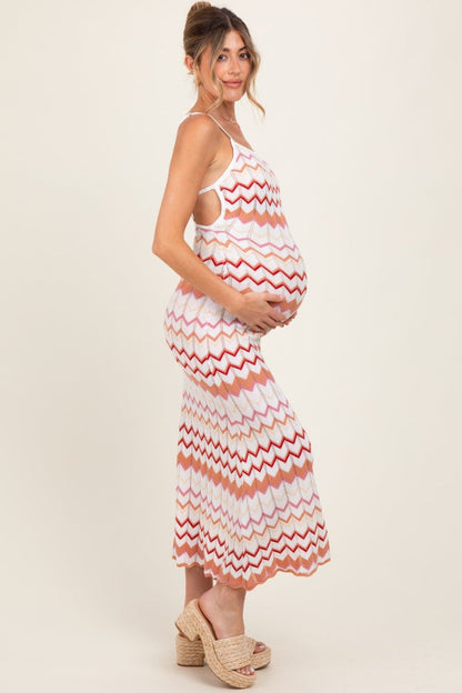 Salmon Pointelle Chevron Knit Open Back Maternity Midi Dress