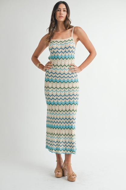 Aqua Pointelle Chevron Knit Open Back Maternity Midi Dress