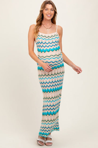Aqua Pointelle Chevron Knit Open Back Maternity Midi Dress