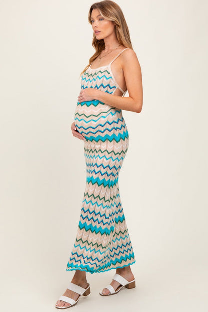 Aqua Pointelle Chevron Knit Open Back Maternity Midi Dress