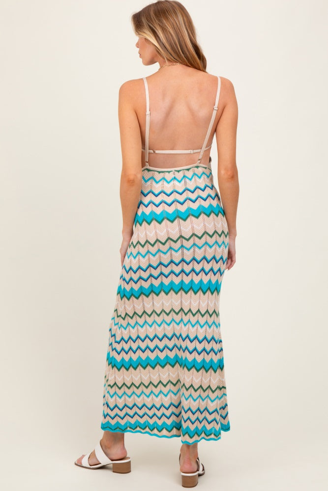 Aqua Pointelle Chevron Knit Open Back Maternity Midi Dress
