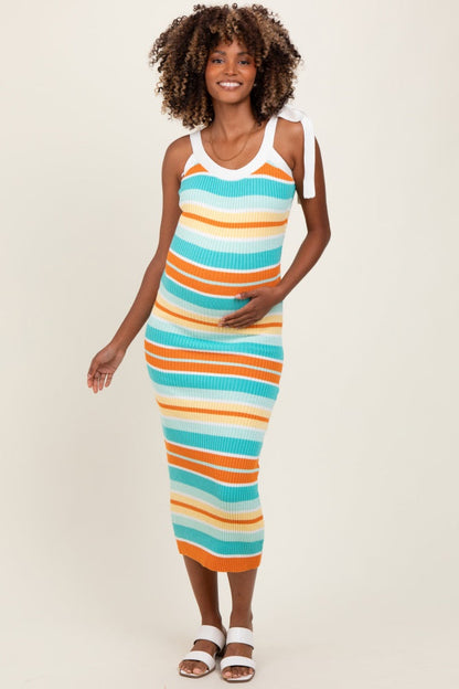 Light Teal Colorblock Stripe Shoulder Tie Maternity Midi Dress