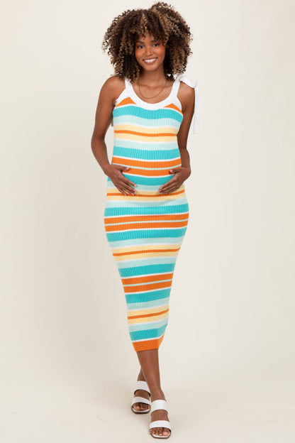Light Teal Colorblock Stripe Shoulder Tie Maternity Midi Dress