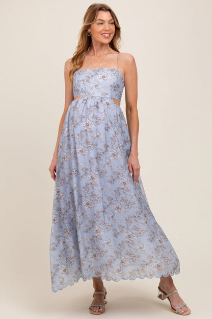 Blue Floral Scallop Edge Back Cutout Maternity Maxi Dress