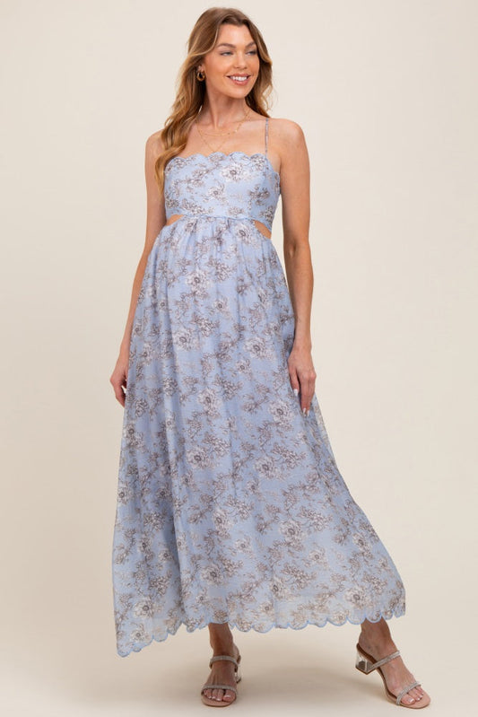 Blue Floral Scallop Edge Back Cutout Maternity Maxi Dress