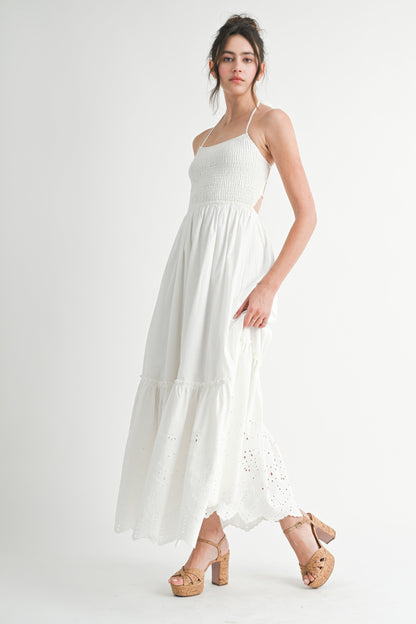 White Smocked Open Back Lace Hem Maternity Maxi Dress