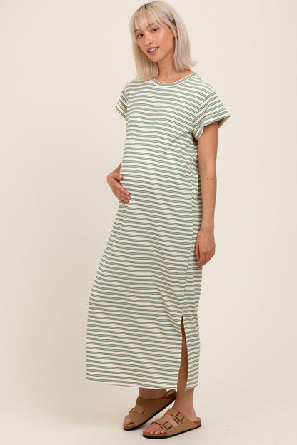 Olive Striped Maternity Midi T-Shirt Dress