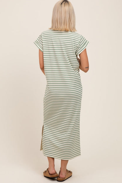 Olive Striped Maternity Midi T-Shirt Dress