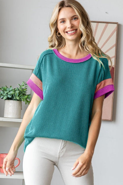 Teal Ribbed Colorblock Detail Maternity Short Sleeve Top