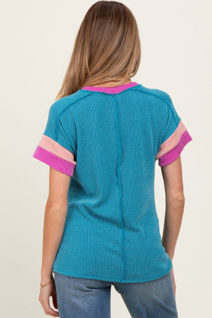 Teal Ribbed Colorblock Detail Maternity Short Sleeve Top