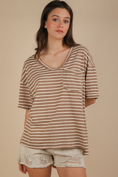 Mocha Striped Oversized V-Neck Front Pocket Maternity T-Shirt