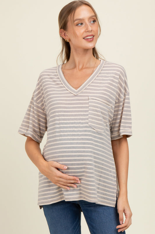 Grey Striped Oversized V-Neck Front Pocket Maternity T-Shirt