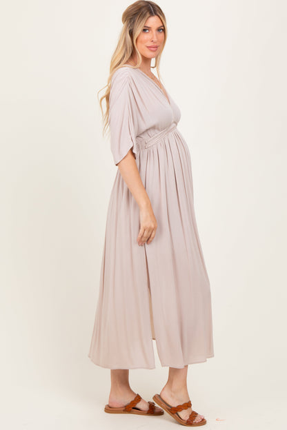 Beige V-Neck Braid Detail Maternity Maxi Dress