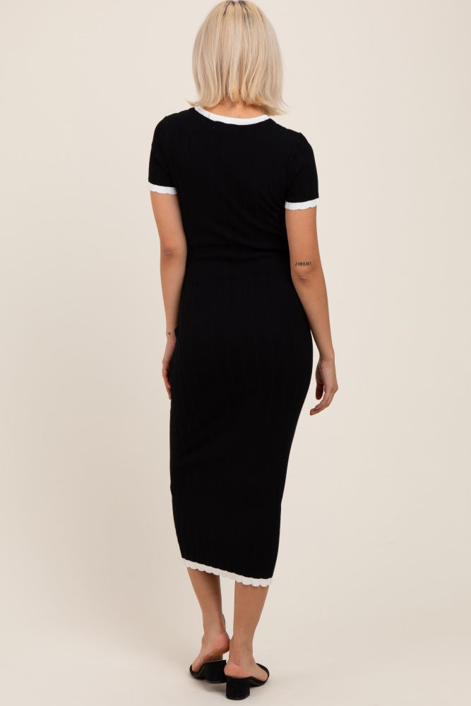 Black/White Short Sleeve Sweater Knit Rib Maternity Midi Dress