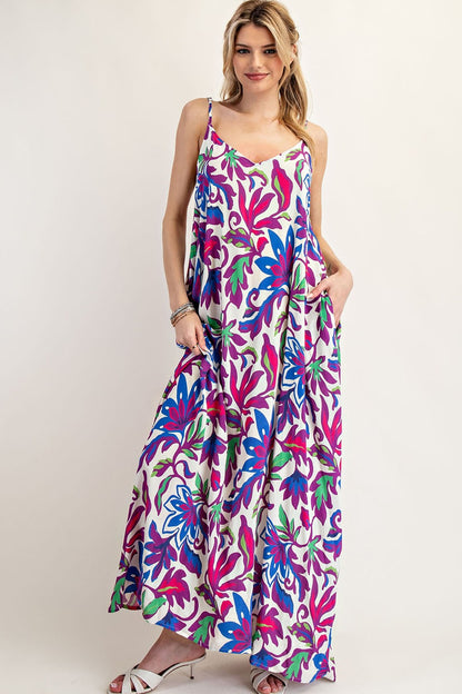 Purple Leaf Print Sleeveless Maternity Maxi Dress